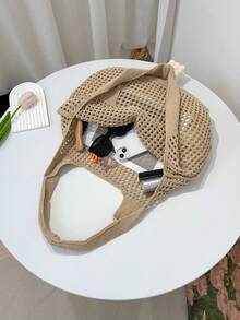 ENBEI Large Capacity Hollow Out Handheld Crochet Knitted Shopping Tote Bag,Women's Fashion Handmade Crochet Handbag, Summer Hollow Shoulder Bag, Outdoor Travel, Shopping, Back To School Season, Suitable For Girls, White-Collar Workers, Office Workers, School, Beach, Mother's Day Gift For Mom, Perfectly Matching With Crochet Set - Khaki - View 4
