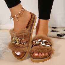Women's Metallic Chain Sandals - Fluffy & Open Toe For Winter Wear - màu nâu - Xem 9