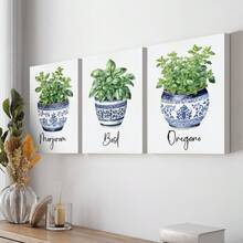 三件套水彩植物印花画，蓝白陶瓷花瓶 - 罗勒、牛至、马郁兰主题 | 餐厅和厨房的完美墙面装饰 | 无框帆布艺术画 | 理想的礼物和节日装饰品，适合生日、毕业典礼、厨房装饰 - 3pcs - 查看 6