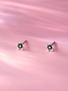 1 Pair S925 Sterling Silver Minimalist Delicate Petite Chic Rose Flower Stud Earrings For Girl - one-size - View 3