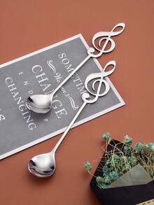 2pcs/5pcs Stainless Steel Creative Music Note Coffee Spoon,School Supplies - Silver - View 5