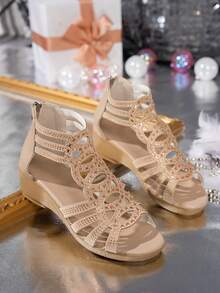 大码女式水钻坡跟运动凉鞋，舒适百搭时尚妈妈鞋，罗马风格女士凉鞋 - 金色 - 查看 4