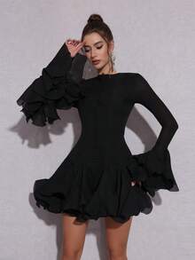 Modphy New Elegant Women's Long Button Asymmetrical Petal Patchwork Fashion Flare Sleeve Bodycon Mini Dress, Suitable For Wedding Guest, Festival, Birthday Party, Formal Evening Gala, Easter, Prom Dress - Black - View 1