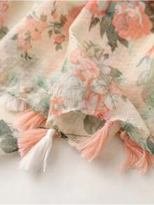 1pc Women's Pink Romantic Floral Linen Tassel Casual Scarf, Lightweight Head Wrap, Travel Beach Shawl, Gift - S20535 Orange - View 3