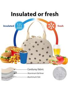 1件/套 大容量便携午餐包,灯芯绒保温午餐盒,可重复使用的保温午餐手提袋,多功能柔软防漏午餐手提包,男女通用,带水壶袋和侧袋,是工作、办公室、旅行、野餐、上学等场合的理想便当包(灯芯绒花卉图案),也是学习用品、教室收纳袋的理想之选,送给老师、朋友和家人的礼物,返校必备 - 彩色 - 查看 4