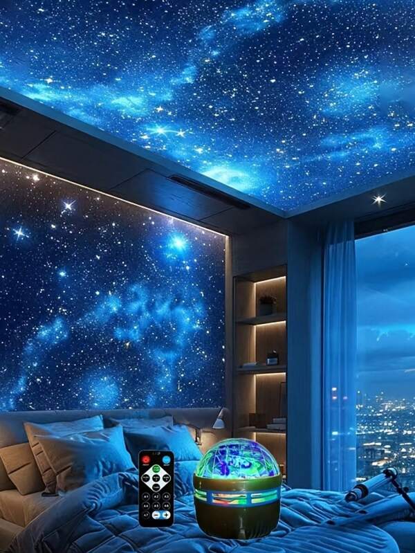 1 pezzo Proiettore di luce Aurora a stelle e lune con telecomando, proiezione RGB alimentata tramite USB per camera da letto, sala giochi, casa theater, soffitto e decorazione romantica - Crea straordinarie scene celesti per compleanni e San Valentino