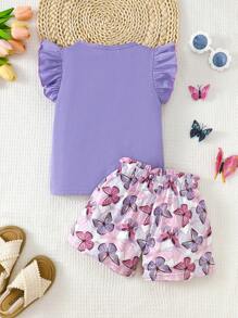 Girls Sleeveless Top & Shorts 2pcs Set, Round Neck Lace Ruffle Sleeve Blouse + Butterfly Print Shorts, Casual Daily Wear For 4-7 Years Old