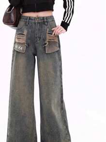 Jupkem Retro Hot Girl Ripped Jeans Women's Niche Straight Tube Versatile Ripped Pocket Irregular Design Sense Mid Waist Hot Girl Slim Fit Wide Leg Mopping Straight Tube Cute Versatile Fashion Street Pants Blue