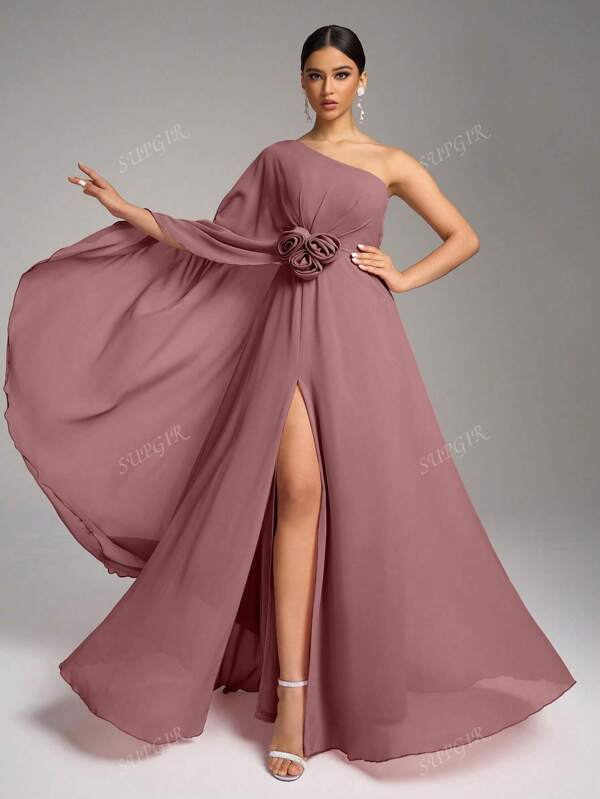 SUPGIR 1 pieza Vestido formal largo de gasa con decoración floral en el cuello asimétrico y la cintura, dobladillo con abertura