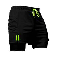 Kit 2 Dry Fit Thermal Training Shorts 2 In 1 With Cell Phone Pocket And Towel Holder Fitness Gym Shorts - 黑色 - 查看 2