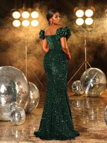 Faeriesty 优雅亮片露肩美人鱼礼服 - 闪亮奢华礼服，适合黑色领带活动、霓虹灯夜总会或名人风格的红毯亮相、正式、派对礼服、晚会、婚礼宾客 - 墨綠色 - 查看 3