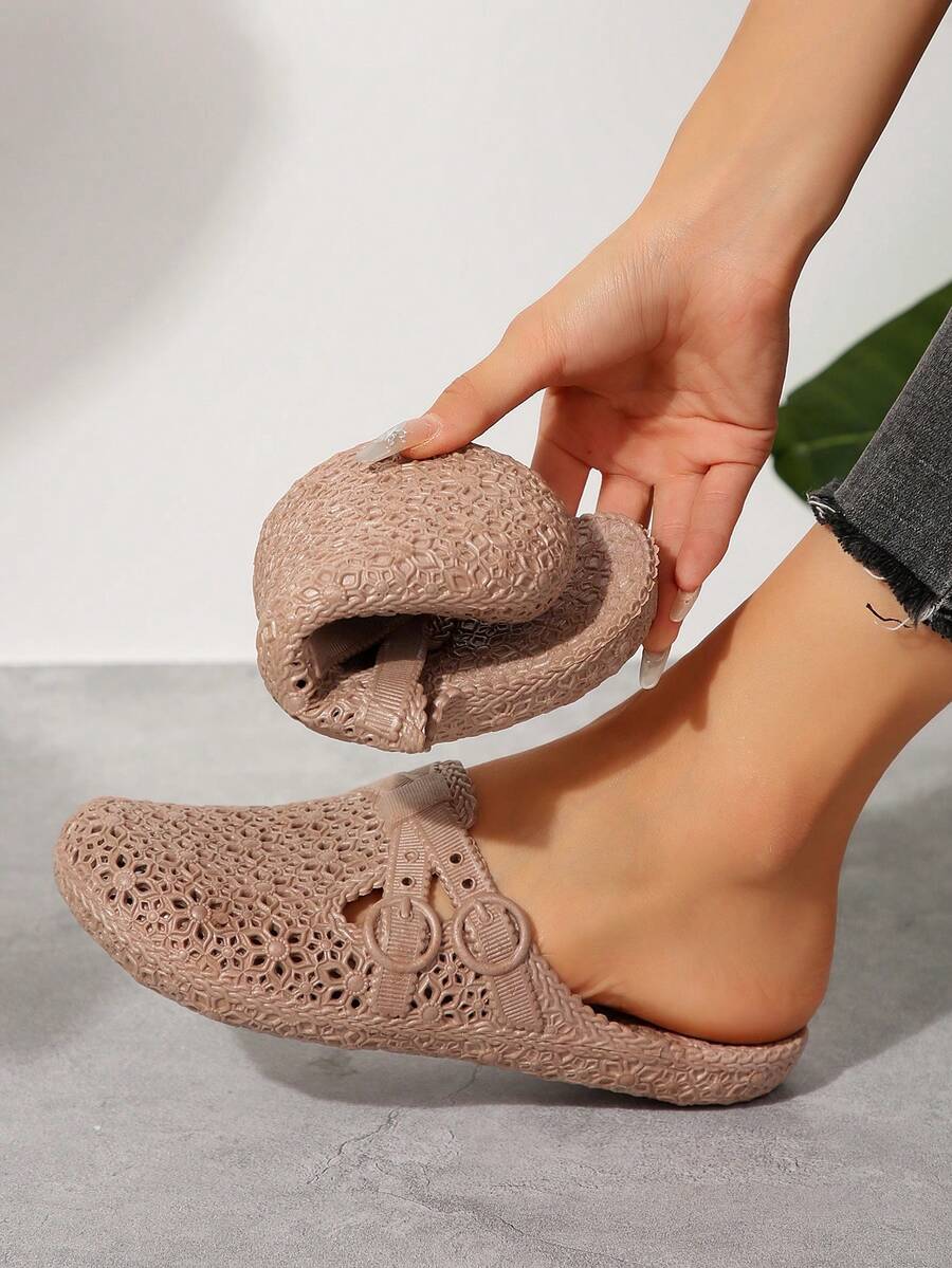 Dép lê nữ bằng nhựa PU thời trang, thoải mái, màu trơn, mũi tròn, kiểu dáng slip-on, nhẹ nhàng, chống thấm nước, cỡ lớn, đế mềm mại, dễ thương, thích hợp cho hoạt động ngoài trời, mùa hè, đi biển, nghỉ mát, dép hở mũi thoáng khí bằng nhựa PU, dép đi trong nhà cho nữ. - màu nâu - Xem 1