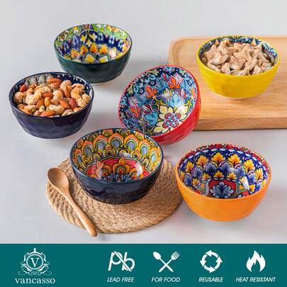 vancasso 6 Pieces Porcelain Bowl Set, Multicolour Set, Polychrome, Porcelain Dinnerware, Poreclain Soup Plate For 6 Person, Ceramic Stamping In Bohemian Style, 12oz