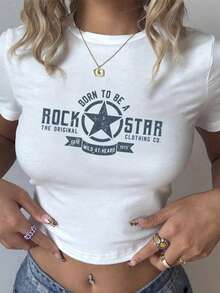摇滚与明星图案性感短款 T 恤，修身摇滚印花 T 恤，复古夏季女式休闲圆领短款上衣图案 T 恤女式上衣，适合摇滚与音乐节 - 白色 - 查看 7