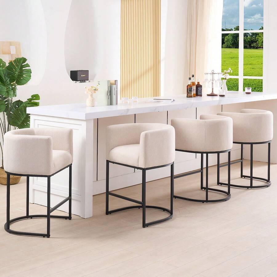 26" H Counter Height Bar Stools Set Of 4, Modern Barrel Counter Stools With Backrest And Arms, Fabric Upholstered Accent Barstools - Camel - View 1
