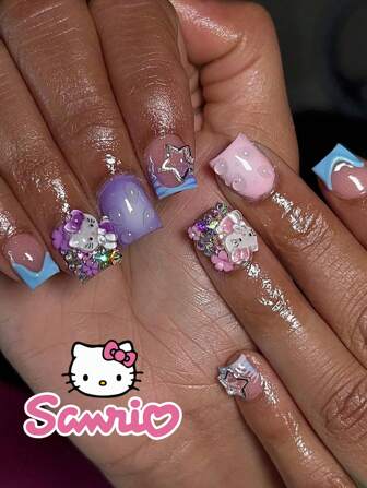 Sanrio 24pcs Short Square Nail Stickers, Hello Kitty, French Design, 3D Rhinestones, Polka Dots, Stars, Cute And Fashionable, Suitable For Women's Daily Wear, Parties And Events (Includes: 1pc Jelly Glue And 1pc Pusher)