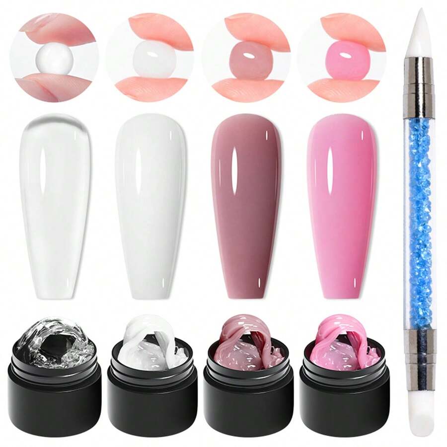 Mtssii 5Pcs/Set Non-Stick Hand Solid Nail Extension Gel Set , Clear, Pink, Nude & White Shades For Long-Lasting Sculpture And Carving, Solid, Hand, With Flower Molds Sculpting Brush, Easy To Operate Manicure Kit Nail Art DIY For Home Salon Nails - 彩色 - 查看 1