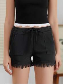 Women Lightweight Washed Denim Shorts, Casual Drawstring Hot Pants Elastic Waist Frayed Hem Loose Comfy Short Jeans - 黑色 - 查看 2