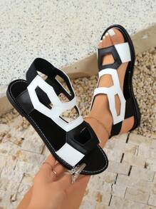 Sandali alla caviglia da donna, facili da indossare con design elastico al tallone. Stile color-block traforato, sandali comodi e sexy adatti per pendolarismo, raduni, abbigliamento casual, vacanze e spiaggia