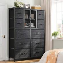 RaybeeFurniture 10 Fabric Drawer Dresser With Metal Mesh Door, Tall Design, 38" Width X 11.81" Height, 6 Extra-Large Drawers & Chests Of Drawers - 黑色 - 查看 6