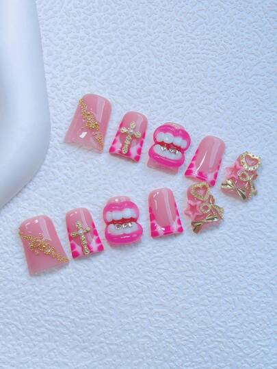 10Pcs Y2K Nails Chic Duckbill Press On Nails Set - Handcrafted, Pink French Tip Style, 3D Handmade Pink Lip And Tooth, Pink Hand Drawn Serpentine French Tip, Sparkling Golden Bow And Cross And Heart Accents, Perfect For Parties & Casual Attire,Perfect Holiday Gift For Women And Girls, Includes Tool Kit Nail Supplies Nails