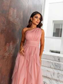 One-Shoulder Layered Bridesmaid Prom Dress - Rusty Rose - View 4