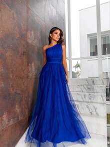 One-Shoulder Layered Bridesmaid Prom Dress - Royal Blue - View 1