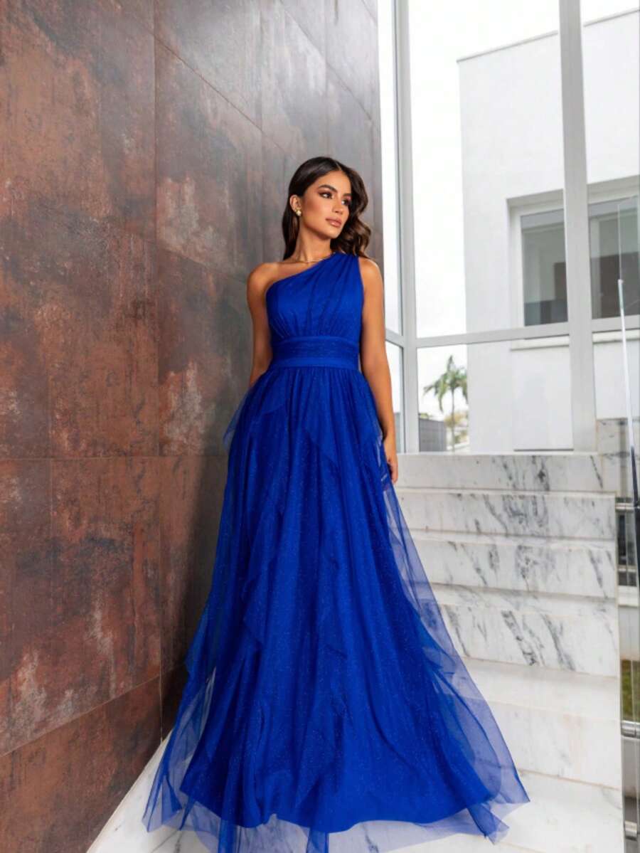 One-Shoulder Layered Bridesmaid Prom Dress - Royal Blue - View 1