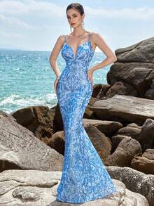 ADYCE 亮片刺绣细肩带露背鱼尾晚会礼服、婚礼宾客礼服、正式礼服、长袍 - 淺藍色 - 查看 10