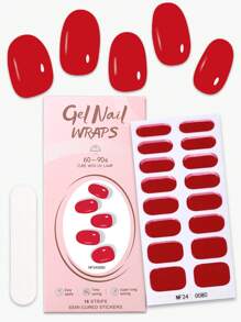 16pcs Red Semi Cured Gel Nail Strips, Spring/Summer Plain Self Adhesive Gel Nail Full Wraps, Need UV Lamp, Easy To Apply And Go Out, Suitable For Ladies DIY Nail Supplies Nail Stickers