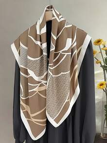 1pc Women Fashionable Elegant Floral Print 70cm Scarf, Suitable For Daily Wear, Travel, Headscarf, Casual Polyester Square Scarf, All Seasons - Coffee Brown - View 2