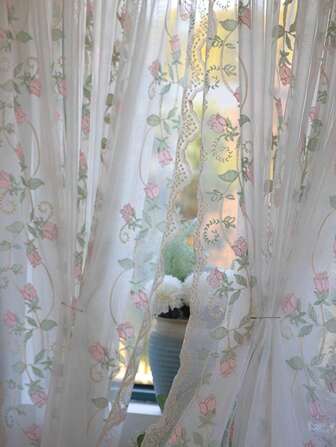 1 pieza Cortina transparente bordada en estilo francés pastoral, sin necesidad de perforación, apta para balcón, dormitorio y múltiples ocasiones