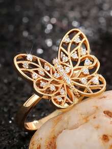 1pc 925 Sterling Silver Plated Gold Butterfly Zirconia Ring, Elegant Jewelry Ring, Charming Promise Ring For Women, Delicate Jewelry Gift, Suitable For Girls' Daily Wear