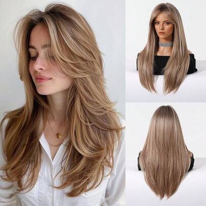 混合棕金色假发，带刘海，自然分层长直发，万圣节假发，女士耐热纤维合成假发，适合日常派对假发