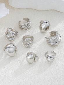 8 件/3 件时尚复古光滑开口镂空几何创意不对称银戒指套装，适合女性生日、度假、约会、派对、日常搭配的礼物 - 彩色 - 查看 5