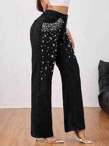 Jeans de pierna recta con decoración de perlas elegante - Jeans de lujo para mujer - Negro - Ver 5