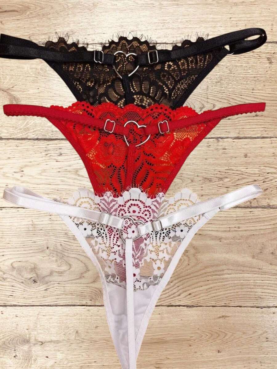 Sexy 3 String Thongs, Adjustable, With Heart. - Black and White - View 1
