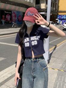复古字母印花 Polo 领双拉链短款 T 恤，春夏休闲款 - 藏蓝色 - 查看 9