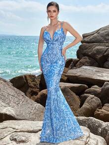 ADYCE 亮片刺绣细肩带露背鱼尾晚会礼服、婚礼宾客礼服、正式礼服、长袍 - 淺藍色 - 查看 1