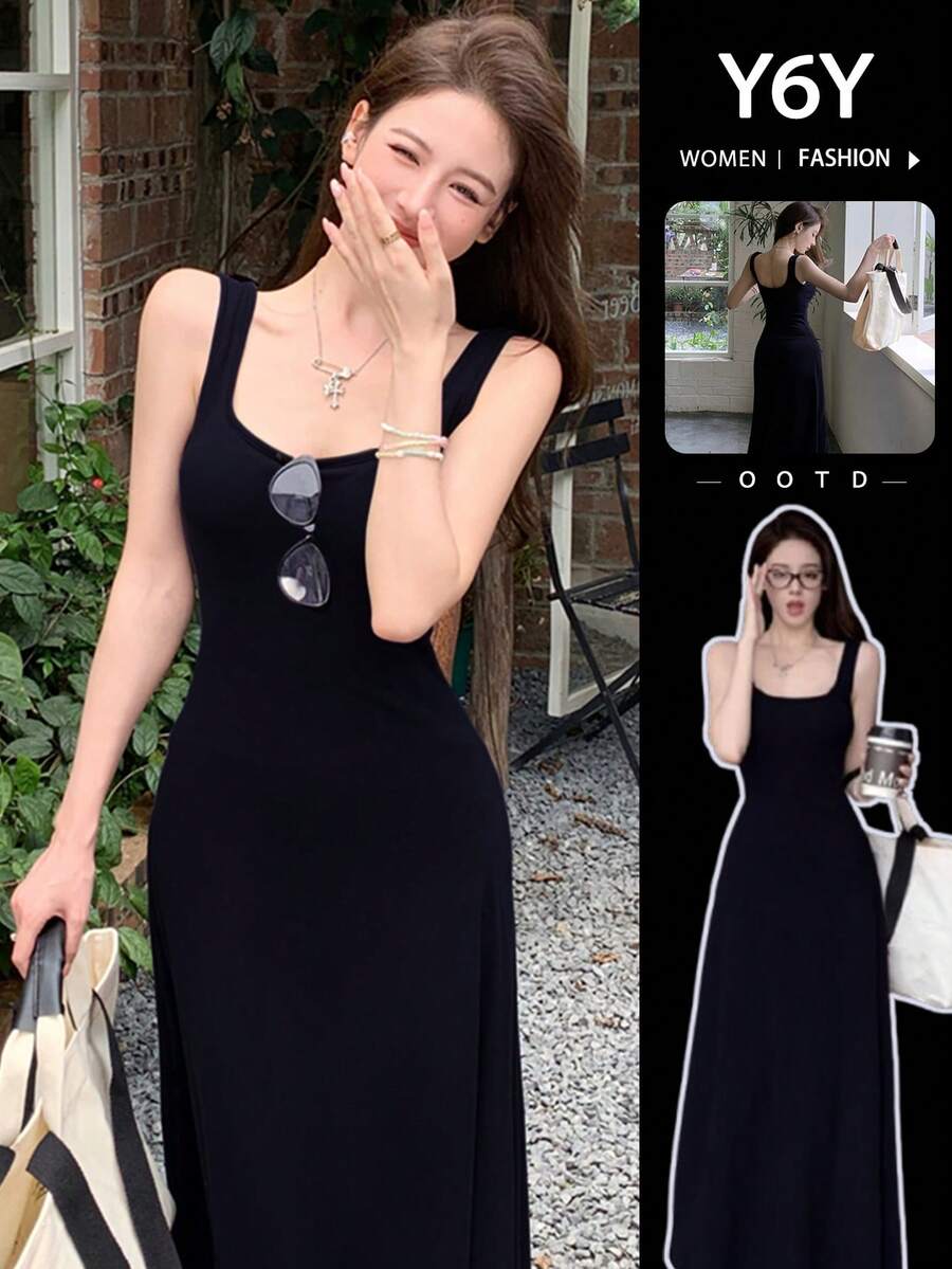 [Y6Y] 女士无袖方领A字连衣裙，春夏法式休闲优雅收腰连衣裙 - 黑色 - 查看 1