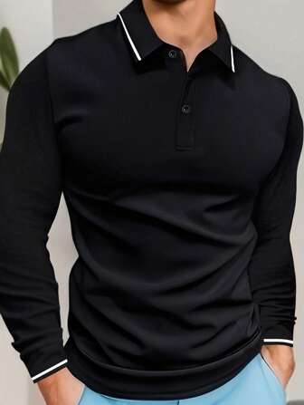 1 pieza Camisa polo de manga larga con botones y cuello para hombre talla grande, color negro, adecuada para primavera y otoño