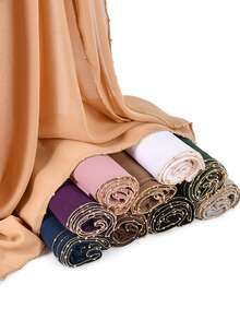 1pc Women's Fashion Chain Chiffon Long Scarf, Long Solid Color Muslim Headscarf/Hijab Shawl, Elegant Daily Casual Sunscreen - Chain Chiffon Scarf - View 1