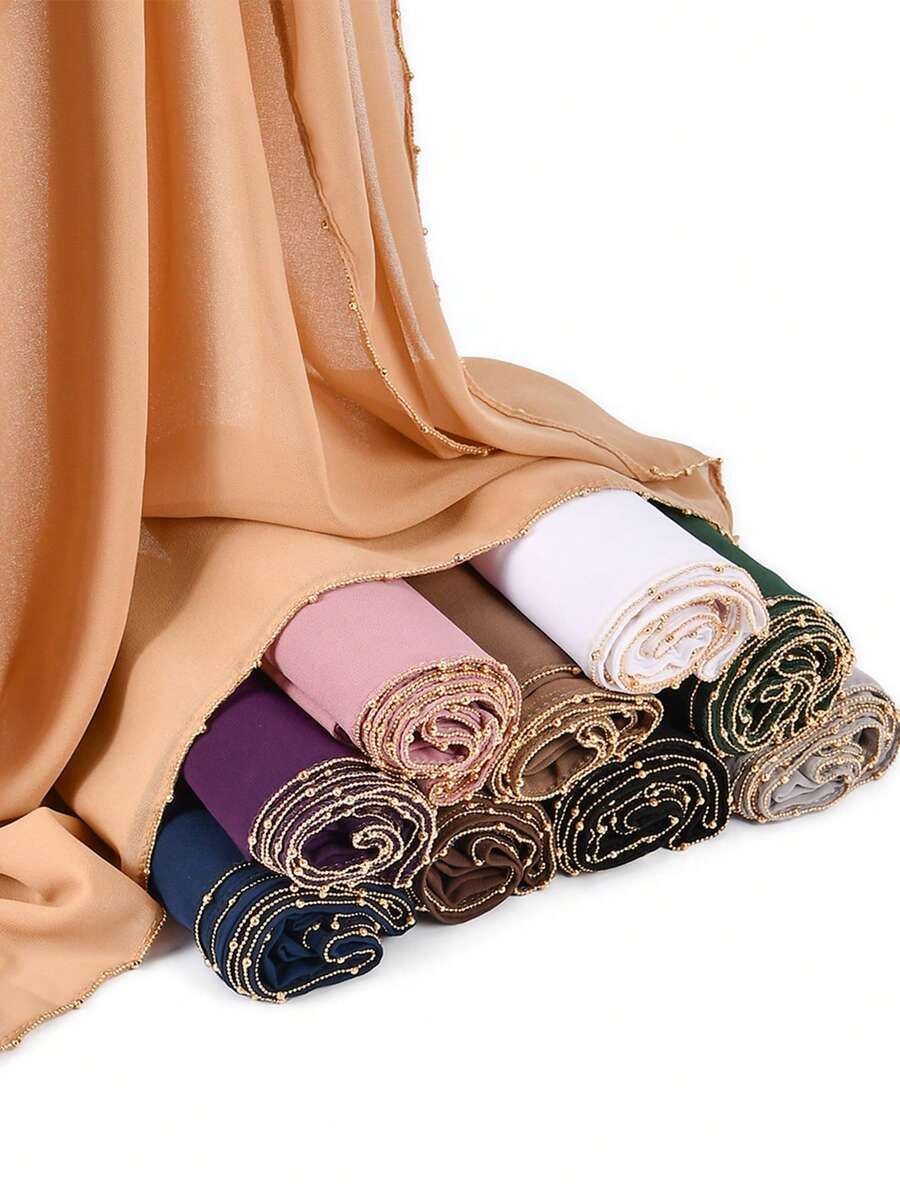 1pc Women's Fashion Chain Chiffon Long Scarf, Long Solid Color Muslim Headscarf/Hijab Shawl, Elegant Daily Casual Sunscreen - Chain Chiffon Scarf - View 1