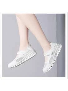 Women's Low Vamp Flat Shoes, 2025 New Mesh Leather Patchwork Hook And Loop Casual Shoes, Lightweight Breathable Dance Shoes/Nurse Shoes/Mom Shoes, Non-Slip Thick Sole Sneakers, Spring/Summer/Autumn - White - View 8