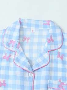 2 件套蓝白格子蝴蝶结装饰纽扣短袖上衣和裤子女士睡衣套装，春夏睡衣休闲装