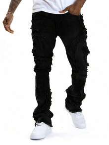 Men's Pocket, Frayed Hem Stretch Skinny Flared Jeans - Black - View 2