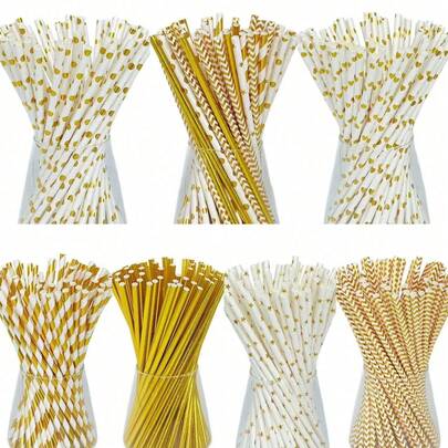 25/50/100/200pcs/Pack Gold Foil Printed Paper Straws, Variety Of Gold Foil Designs, Party Decoration Straws, Disposable Beverage Paper Straws Suitable For Juice, Milkshake, Summer Cocktails, Graduation Party Supplies Merry Christmas Wedding Tableware Birthday Party Anniversary Gifts Beach Back To School School Supplies Room Decor