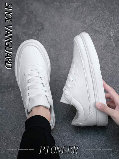 Men's White Lace-Up Casual Sneakers With Contrast Details, Simple & Comfortable Men's Flat Shoes