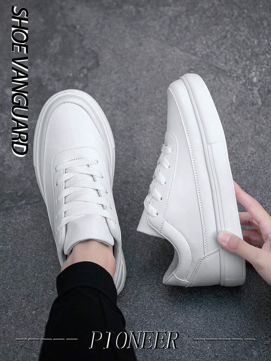 Giày thể thao nam màu trắng buộc dây có chi tiết tương phản, giày bệt đơn giản và thoải mái cho nam
