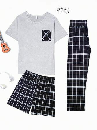 3pcs/Set Men's Casual Pajamas: Solid Color Patchwork Pocket Short Sleeve T-Shirt, Plaid Shorts And Pants
